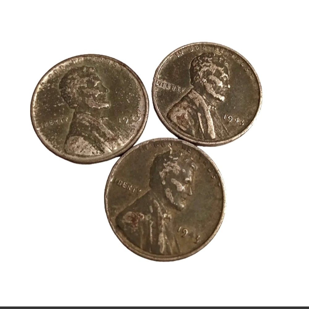 (3) 1943 Lincoln "Silver" Steel Wheat Penny No Mint Mark, One Cent LOT
